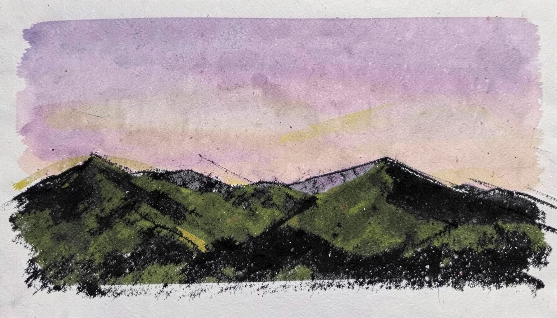 Atmospheric charcoal sketch of a mountain horizon at dusk, soft plum sky fading to deep olive ridges