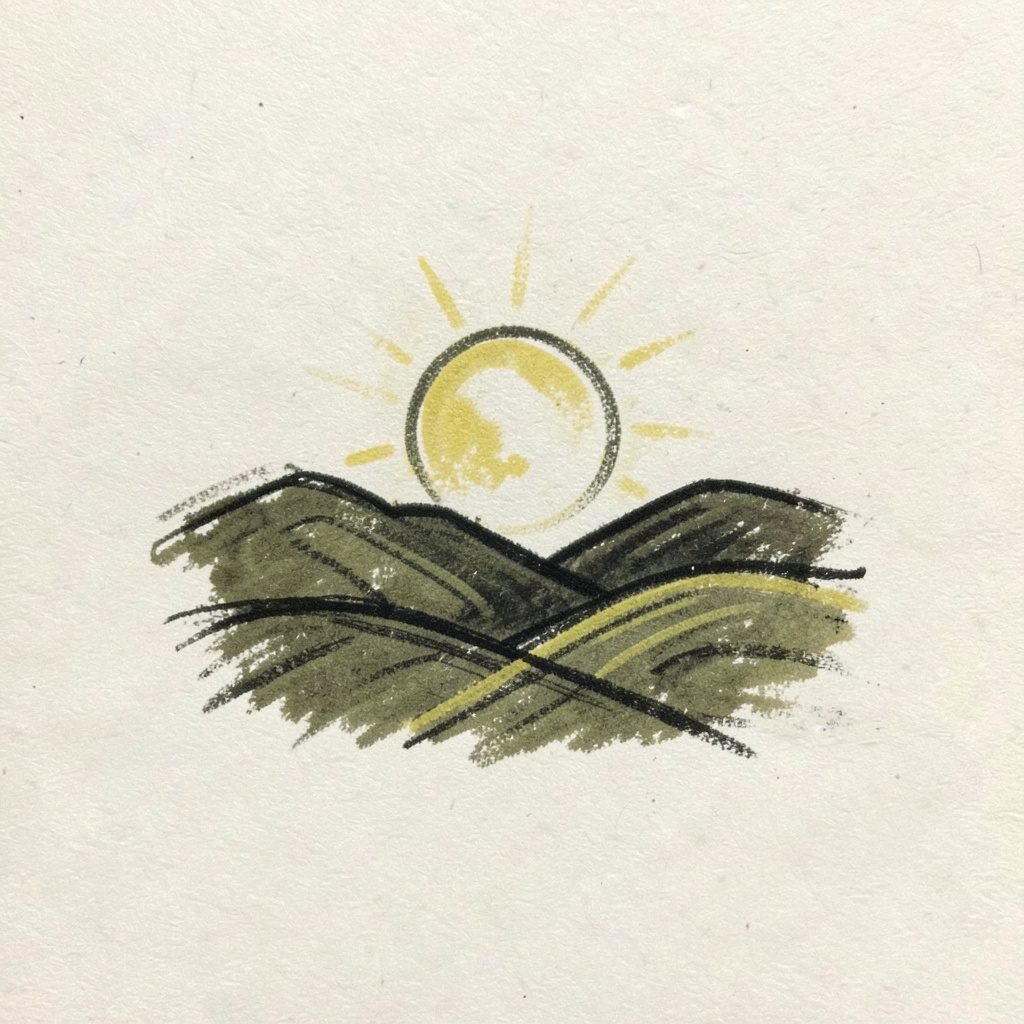 Small charcoal emblem of rolling foothills beneath a stylized sun, drawn in muted olive and parchment tones