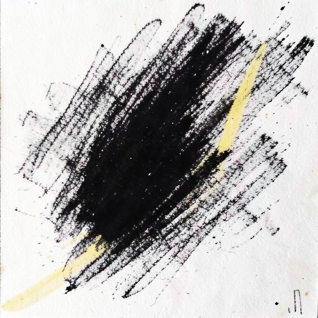 Atmospheric charcoal illustration of a regional radar sweep showing precipitation bands in slate and violet