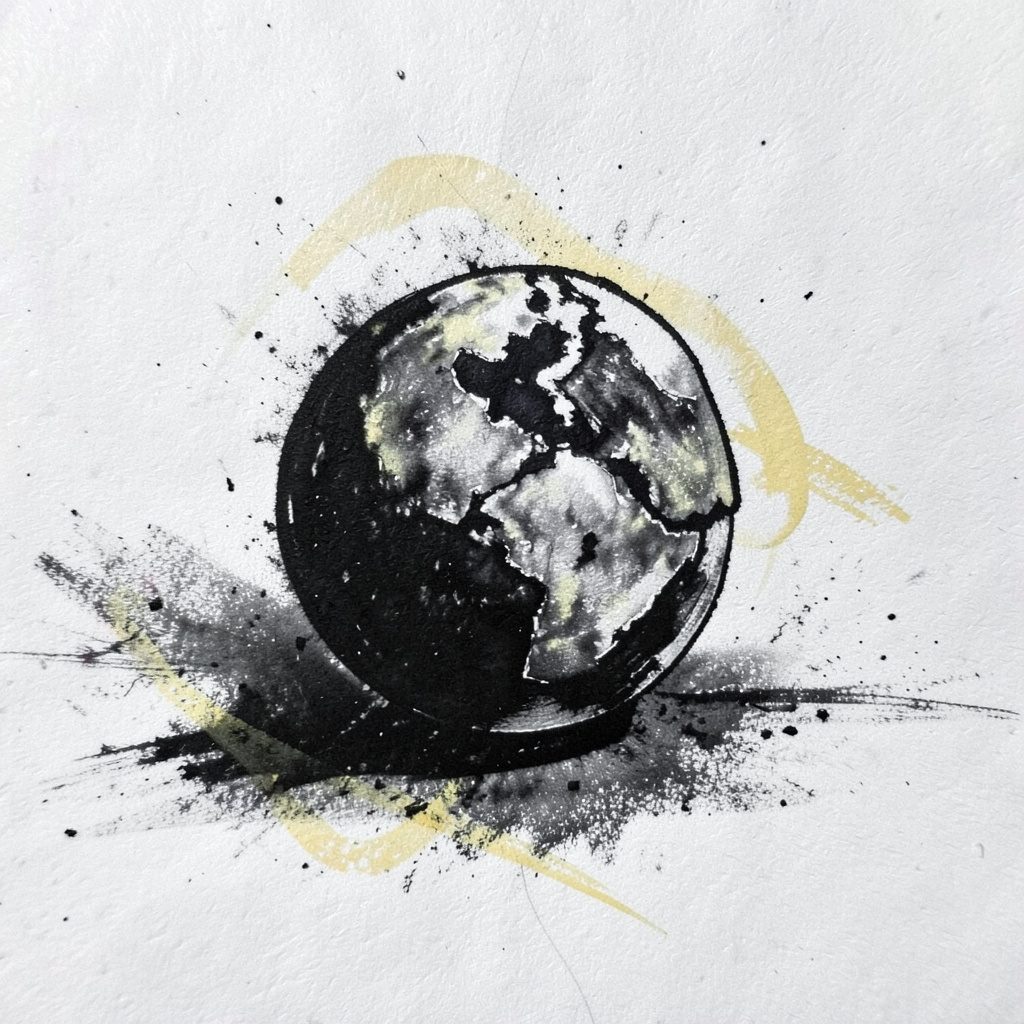 Charcoal drawing of Earth from space during northern autumn, muted plum and olive shadows with cool dark background
