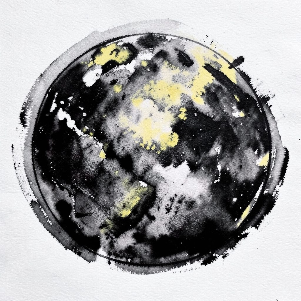 Charcoal-style drawing of Earth from space during northern spring, deep plum shadow with faint atmospheric glow against the inky void