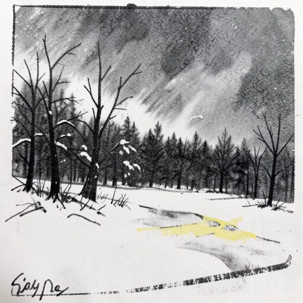 A wide charcoal drawing of a deep night over the Colorado foothills, deep plum and ink-black sky with faint stars above a dark ridgeline
