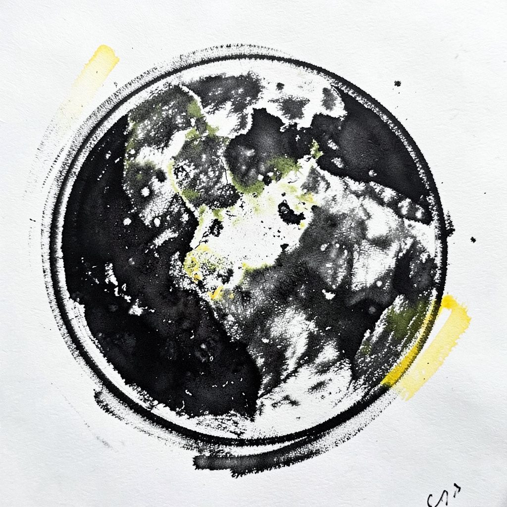 Charcoal drawing of Earth from space in northern summer, plum and ink tones with subtle cloud bands across the terminator line